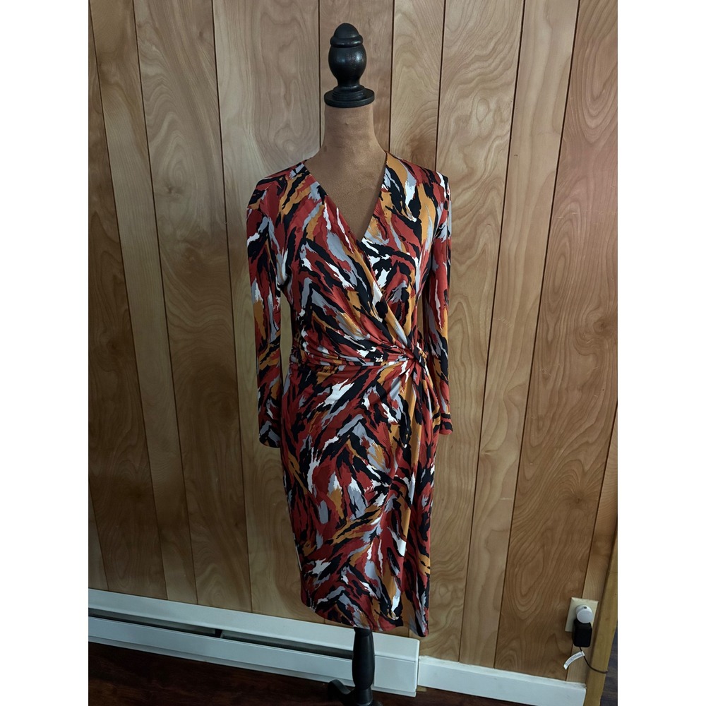Anne Klein Women Abstract Print Faux Wrap Sheath Dress Rust Black Mustard Size 6